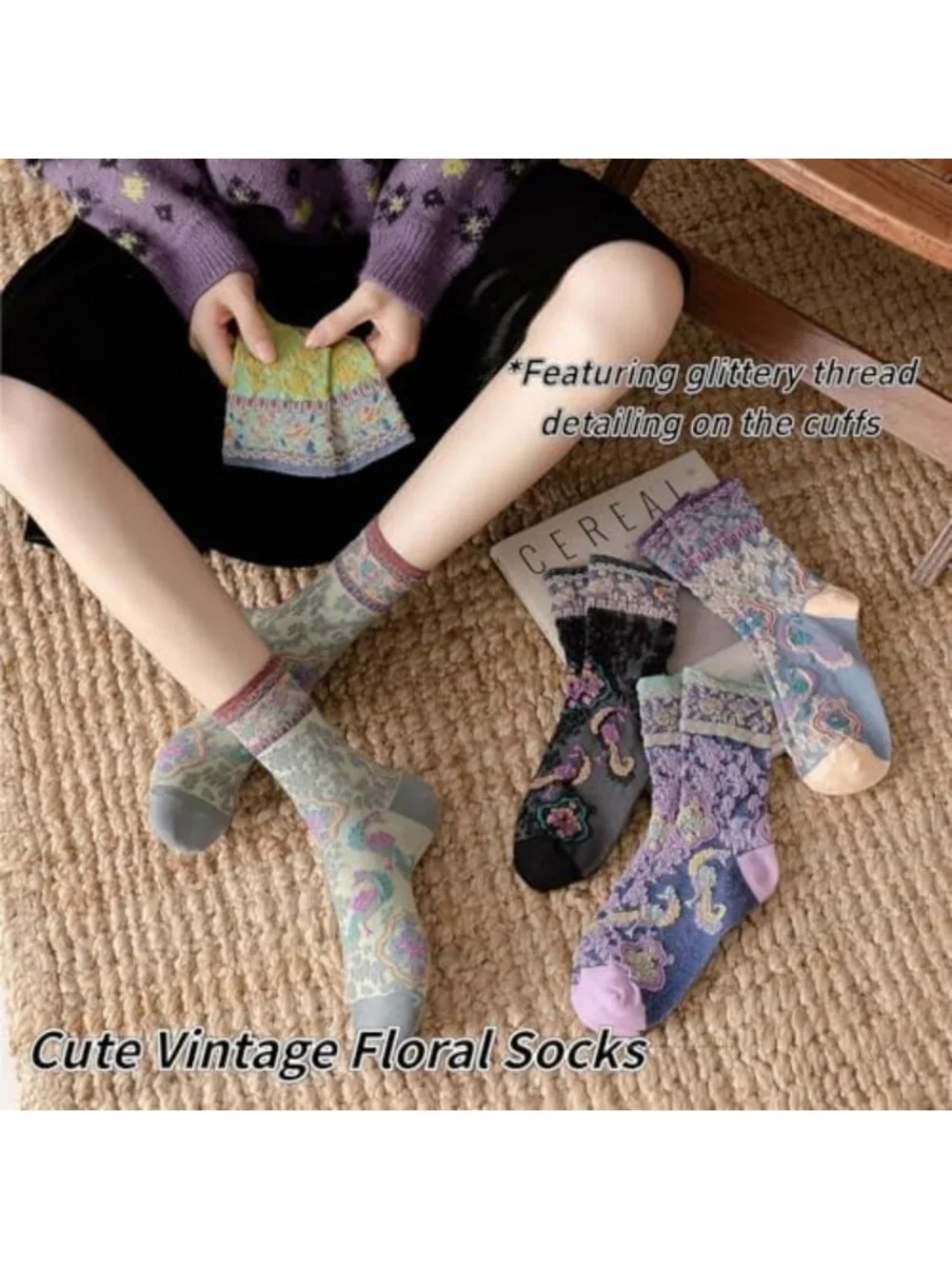 Cute Floral Cuff Vintage Crew Socks for Women | Stylish & Comfy Accessories